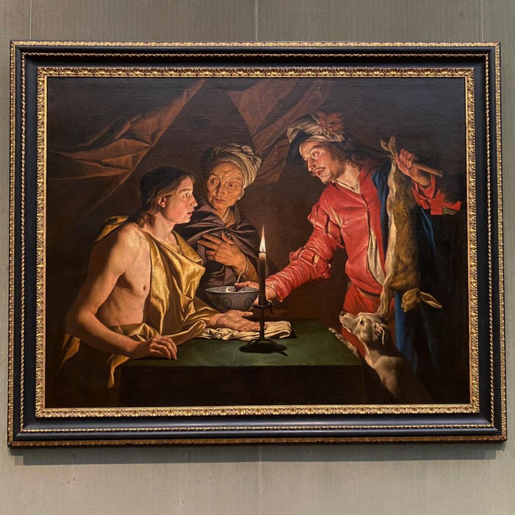 Matthias Stom (1600–after 1649), Esau Returning from the Hunt, Selling his Birthright to Jacob for a Bowl of Lentils, c.1639–43, Oil on canvas,155.7 × 204.5cm,  Gemäldegalerie, Berlin