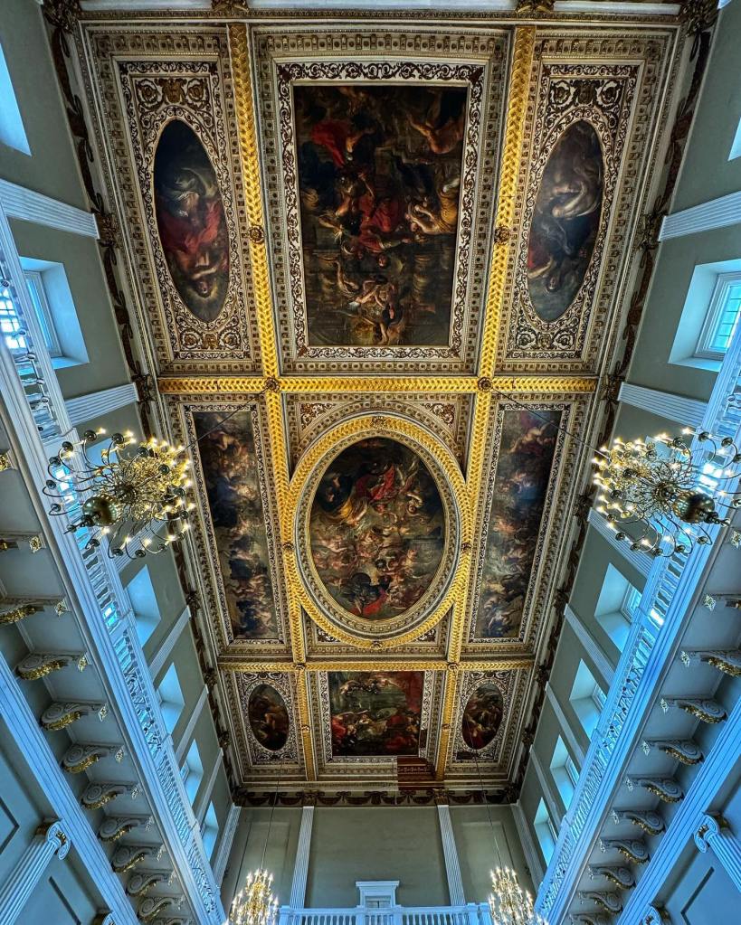 Peter Paul Rubens (1577–1640) and workshop , Ceiling Decoration for the Banqueting House, Whitehall (‘The Wise Rule of James I’; ‘The Union of the Crowns of England and Scotland’; ‘The Apotheosis of James I’; ‘Procession of Cherubs with Animals and Garlands’; ‘Procession of Chariot with Fruits and Cherubs’; ‘Temperance Triumphant over Intemperance’; ‘Apollo bestowing Royal Liberality over Avarice’; ‘Hercules Crushing Discord’; ‘Minerva Spearing Ignorance’), c. 1630–1634, oil on canvas, overall painted area approx. 225 m², Banqueting House, Whitehall, London