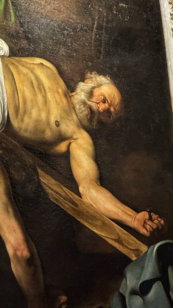 Michelangelo Merisi da Caravaggio (1571–1610), Crucifixion of Saint Peter, 1600–1601, Oil on canvas, 230 × 175 cm, Cerasi Chapel, Basilica of Santa Maria del Popolo, Rome