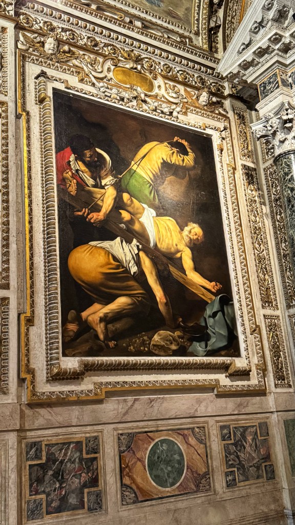 Michelangelo Merisi da Caravaggio (1571–1610), Crucifixion of Saint Peter, 1600–1601, Oil on canvas, 230 × 175 cm, Cerasi Chapel, Basilica of Santa Maria del Popolo, Rome