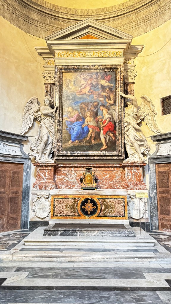Bernardino Mei (1612–1676), The Holy Family with Angels and Symbols of the Passion, c. 1658, Oil on canvas, Basilica of Santa Maria del Popolo, Rome