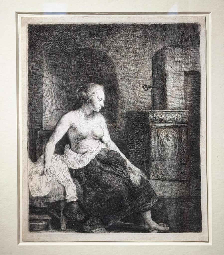 Rembrandt Harmensz. van Rijn (1606–1669), Woman Sitting Half Dressed beside a Stove, 1658, Etching, engraving and drypoint on laid paper, 6 state of 7, Plate 228 × 186 mm; Sheet 243 × 198 mm, Christie’s, The Sam Josefowitz Collection: Graphic Masterpieces by Rembrandt van Rijn – Part III, London, 3 December 2025