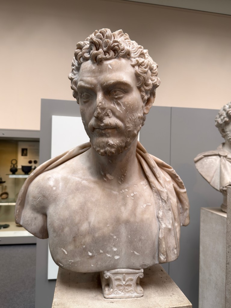 Roman Antonine period,circa 130–150 CE, Portrait bust of a bearded man dressed as a Greek orator,  Marble, H. 66.04 cm., Created in Greece (Athens ?), the British Museum, Room 70