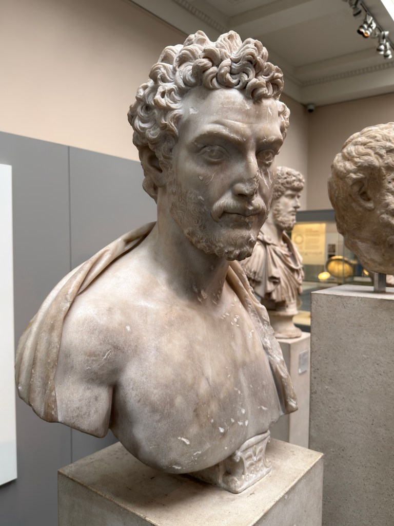 Roman Antonine period,circa 130–150 CE, Portrait bust of a bearded man dressed as a Greek orator,  Marble, H. 66.04 cm., Created in Greece (Athens ?), the British Museum, Room 70