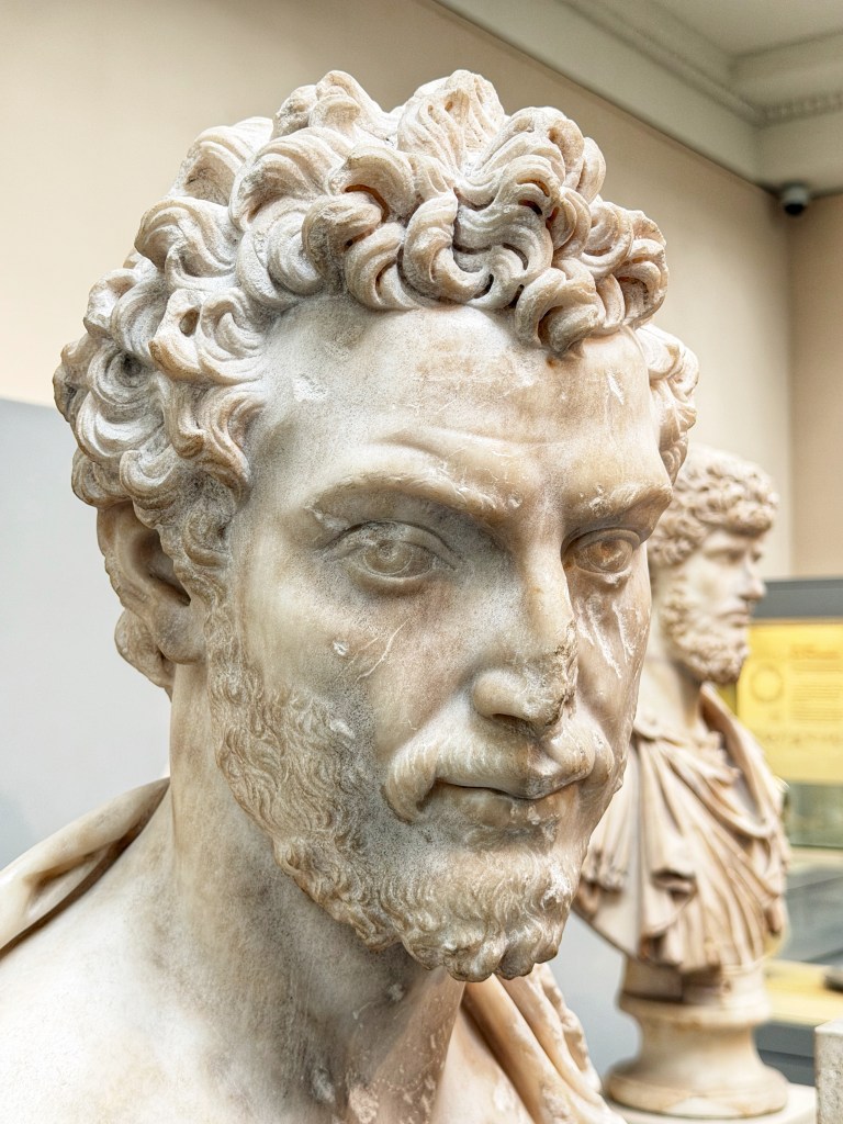 Roman Antonine period,circa 130–150 CE, Portrait bust of a bearded man dressed as a Greek orator,  Marble, H. 66.04 cm., Created in Greece (Athens ?), the British Museum, Room 70