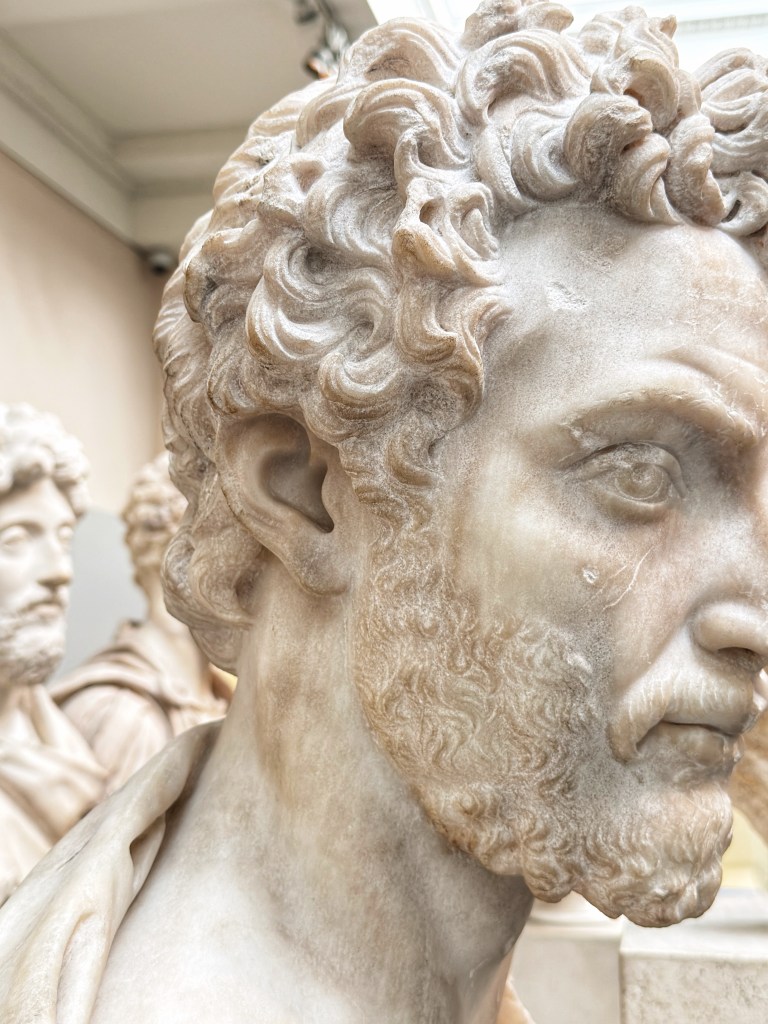 Roman Antonine period,circa 130–150 CE, Portrait bust of a bearded man dressed as a Greek orator,  Marble, H. 66.04 cm., Created in Greece (Athens ?), the British Museum, Room 70