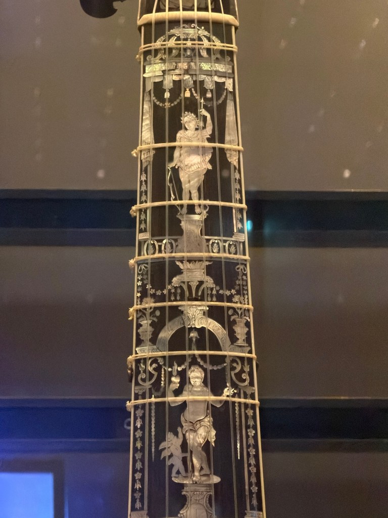 Martin Voigt (active Hamburg, early eighteenth century), Bass Viola da gamba, 1726. Ebony inlaid with engraved mother-of-pearl, ebony ribs with ivory stringing. Length 121 cm, body length 67 cm, string length 66.5 cm. Victoria and Albert Museum, London, on loan to the Horniman Museum, London