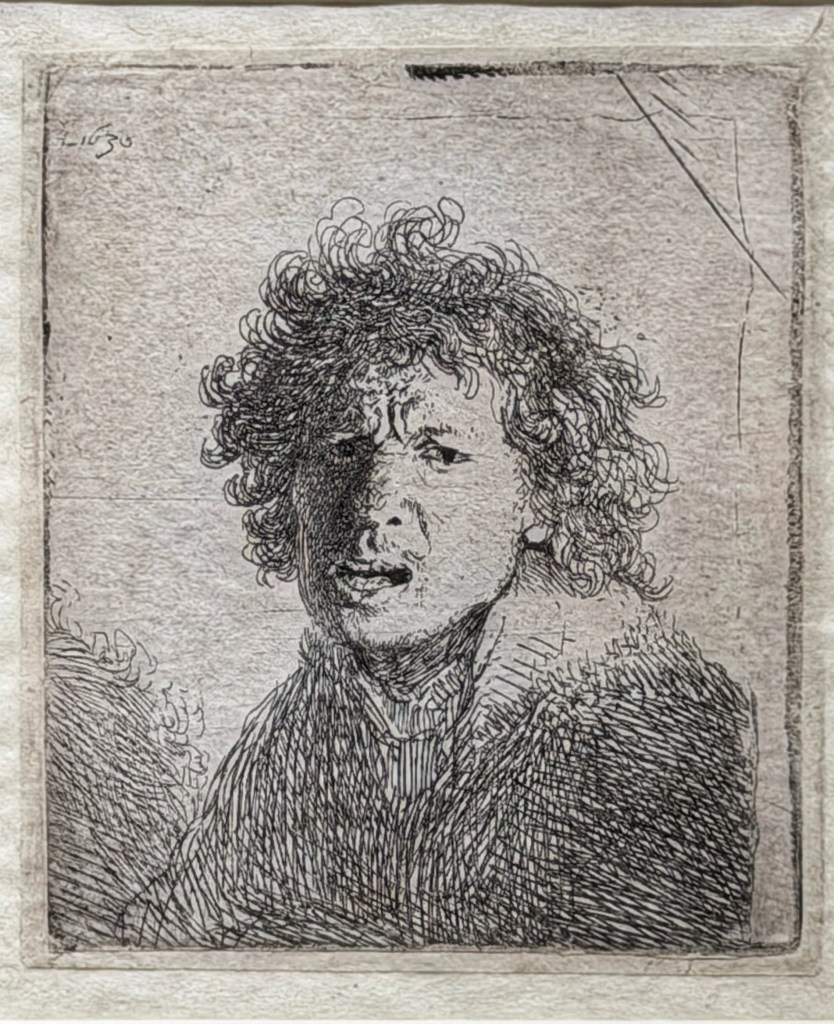 Rembrandt Harmenszoon van Rijn (1606-1669), Self-Portrait open mouthed, as if shouting: bust, Etching on laid paper: 7,0 × 5,9 cm, Signed in monogram and dated upper left: RHL 1630, Catalogued in Bartsch 13; The New Holstein 67, Second state (of III) , Douwes Fine Art, Amsterdam, Treasure House Fair , London 